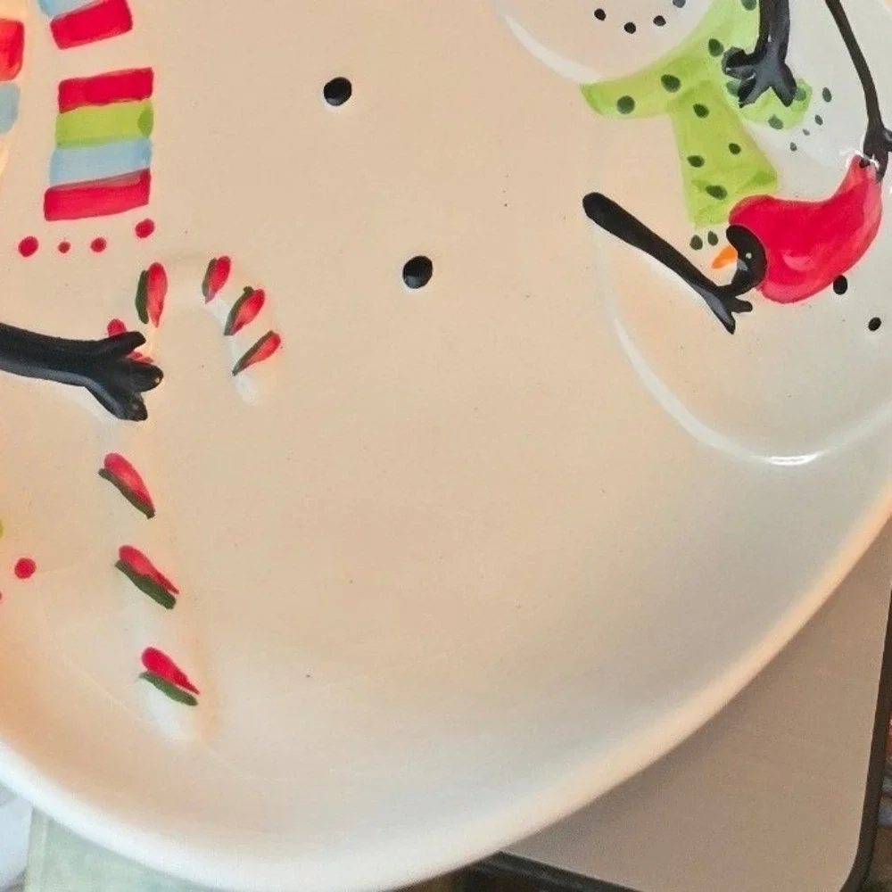 Vintage Snowman Serving Platter Cardinal Christmas Ceramic Dish 15 Inch